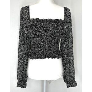 Japna Smocked Crop Top Women Small Black Floral Long Sleeve Square Neck Stretch